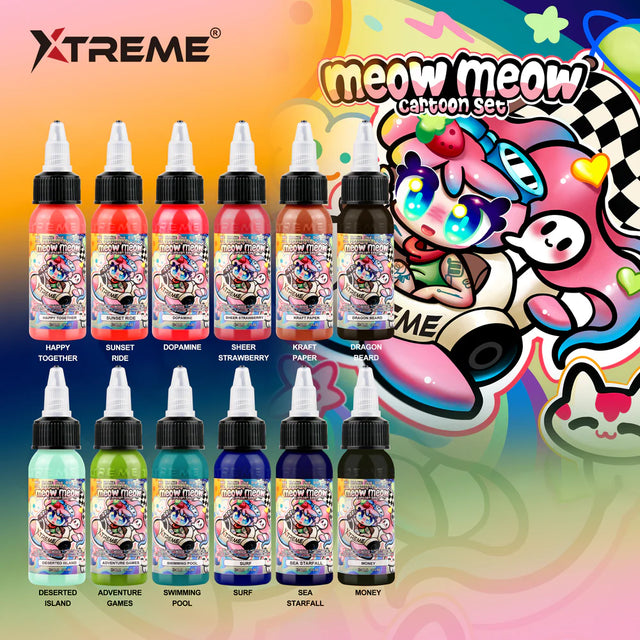 XTreme Ink Tattoofarbe - Meow Meow Cartoon Set (12 x 120 ml)