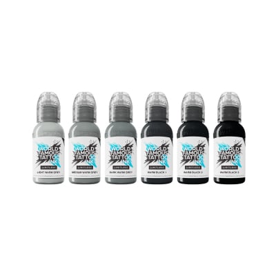 World Famous Limitless Tattoofarbe - Shades of Grey - Warm Grey Pastel Set (6 x 30 ml)